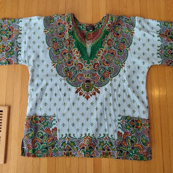 Vintage Jamaican Dashiki Tunic Shirt Size Large Pockets Hippie Boho Blue - Picture 13 of 13